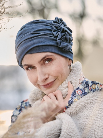 HocLotus Women's Turban 1613-4131 with Flower - Dark Blue Denim
